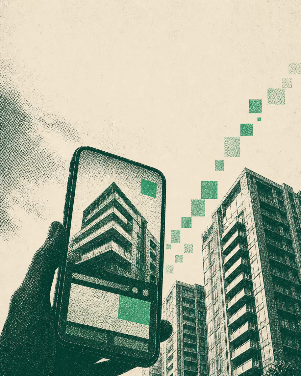 Celular enquadrando edifícios residenciais e uma sequência ascendente de resultados