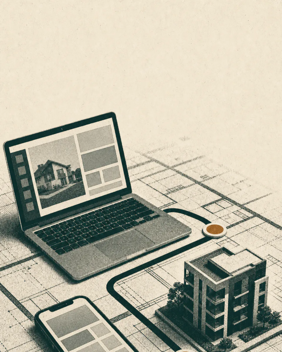 Notebook, celular e maquete conectados sobre uma planta arquitetônica